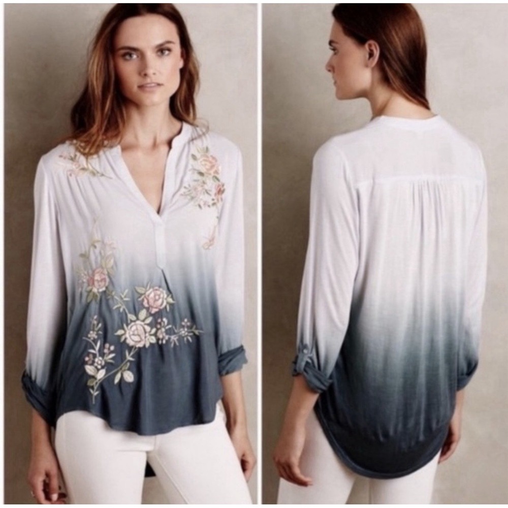 Tiny Anthropologie Ombré Garden Blouse Medium Floral Embroidery Roll Tab Sleeve